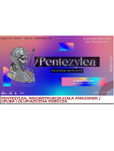 Informacje o spektaklu na niebiekso różowym tle, po lewej stronie popiersie kobiety w kolorze srebrnym