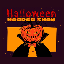 Na ciemnym tle postać w czarnym płaszczu z dynią w miejscu głowy. Dynia ma wycięte otwory w miejscu oczu oraz zębów. Powyżej tytuł przedstawienia.