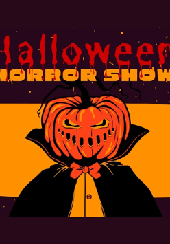 Na ciemnym tle postać w czarnym płaszczu z dynią w miejscu głowy. Dynia ma wycięte otwory w miejscu oczu oraz zębów. Powyżej tytuł przedstawienia.