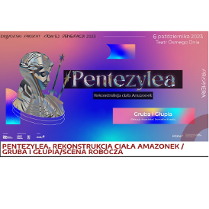 Informacje o spektaklu na niebiekso różowym tle, po lewej stronie popiersie kobiety w kolorze srebrnym