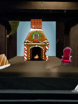 Na środku świątecznie udekorowany kominek, przy nim czerwony fotel. Z lewej strony fragment częściowo ośnieżonego, brązowego dachu.