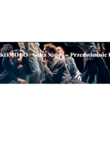 na pierwszym planie tytuł spektaklu w kolorze bialym, w tle kilkoro tancerzy ubranych w koszule, marynarki i spodnie, tańczą na scenie