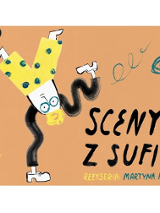 na pomarańczowym tle informacje o spektaklu oraz rysunek postaci stojacej na jednej ręce, na obu rękach ma założone buty