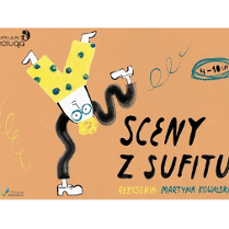 na pomarańczowym tle informacje o spektaklu oraz rysunek postaci stojacej na jednej ręce, na obu rękach ma założone buty