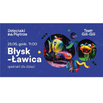 na granatowym tle trzy koła, w ich wnętrzach kolorowe zwięrzęta i rośliny - ryby, żaba, kijanka. Po lewej stronie białe napisy - informacje o tytule, dacie i miejscu spektaklu.