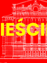 Na czerwonym tle biały zarys budynku Teatru Polskiego oraz na środku żółty napis "Pieścidełko".