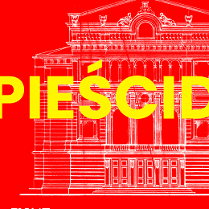 Na czerwonym tle biały zarys budynku Teatru Polskiego oraz na środku żółty napis "Pieścidełko".