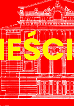 Na czerwonym tle biały zarys budynku Teatru Polskiego oraz na środku żółty napis "Pieścidełko".