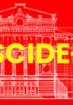 Na czerwonym tle biały zarys budynku Teatru Polskiego oraz na środku żółty napis "Pieścidełko".