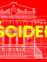 Na czerwonym tle biały zarys budynku Teatru Polskiego oraz na środku żółty napis "Pieścidełko".