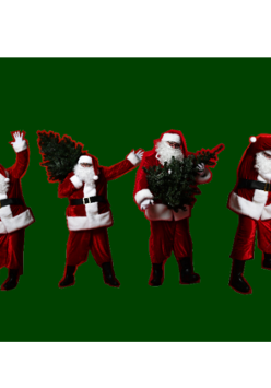 na zielonym tle stoi czterech Świętych Mikołajów ubranych w czerwone stroje z choinkami z rękach