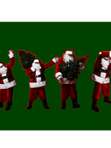 na zielonym tle stoi czterech Świętych Mikołajów ubranych w czerwone stroje z choinkami z rękach