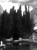 grafika w kolorach białym, szarym i czarnym, przedstawia fragment wyspy z drzewami i bramą do której zmierza łódka z kilkoma postaciami, jedna z nich ubrana jest w dugą białą szatę