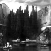 grafika w kolorach białym, szarym i czarnym, przedstawia fragment wyspy z drzewami i bramą do której zmierza łódka z kilkoma postaciami, jedna z nich ubrana jest w dugą białą szatę