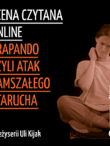 po prawej stronie postać siedzącej mlodej kobiety siedzącej 'po turecku', czytającej książkę i drapiącej sie po szyi, po lewej stronie informacje o wydarzeniu