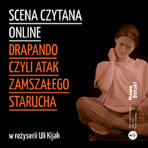 po prawej stronie postać siedzącej mlodej kobiety siedzącej 'po turecku', czytającej książkę i drapiącej sie po szyi, po lewej stronie informacje o wydarzeniu