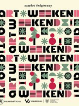 Kolorowa grafika z napisami "art weekend" i rysunkami choinek i gwiazdek.