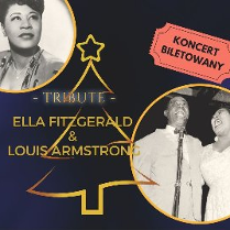 Czarno-białe zdjęcia Elly Fitzgerald i Armstronga. Na środku żółta choinka i żółty napis z nazwiskami artystów.