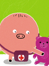 Rysunek różowej świnki z zawieszoną u szyi apteczką i trzymającą w łapkach misia. Obok niebieski garnek z pokrywką. Zielone tło.