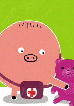 Rysunek różowej świnki z zawieszoną u szyi apteczką i trzymającą w łapkach misia. Obok niebieski garnek z pokrywką. Zielone tło.