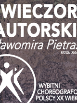 na brązowym tle białe napisy informacyjne o wydarzeni i biały logotyp teatru