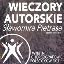 na brązowym tle białe napisy informacyjne o wydarzeni i biały logotyp teatru