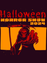 na czarnym tle czerwono-pomarańczowy tytuł wydarzenia oraz rysunek szkieletu - śmierci z kosą