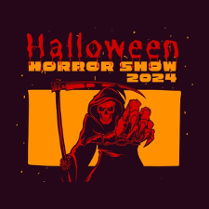 na czarnym tle czerwono-pomarańczowy tytuł wydarzenia oraz rysunek szkieletu - śmierci z kosą