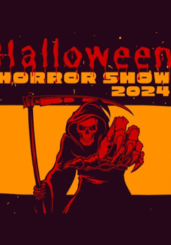 na czarnym tle czerwono-pomarańczowy tytuł wydarzenia oraz rysunek szkieletu - śmierci z kosą