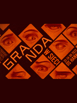 Pomarańczowe romby, w środku których znajdują się oczy. Pomiędzy nimi pomarańczowe napisy z nazwą wydarzenia i datą na brązowym tle.