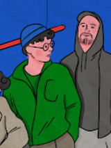 Ilustracja przedstawiająca trzech mężczyzn na niebieskim tle, mężczyzna z lewej strony pali papierosa. Obok nich widać czarno-białego kota siedzącego na niebieskim krześle.