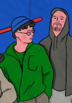 Ilustracja przedstawiająca trzech mężczyzn na niebieskim tle, mężczyzna z lewej strony pali papierosa. Obok nich widać czarno-białego kota siedzącego na niebieskim krześle.