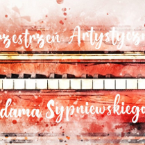 Białe napisy jak odręczne na czerwonym rysunkowym fortepianie.