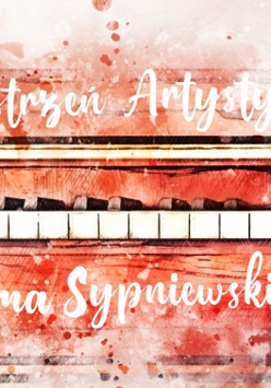 Białe napisy jak odręczne na czerwonym rysunkowym fortepianie.