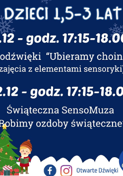 Granatowe tlo z białymi śnieżynki, napisy informujące o wydarzeniu, w dolnym rogu rysunek udekorowanej choink z prezentami, dwójka dzieci. Z boku logo Otwartych Dźwięków.