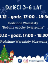 Granatowe tlo z białymi śnieżynki, napisy informujące o wydarzeniu, w dolnym rogu rysunek udekorowanej choink z prezentami, dwójka dzieci. Z boku logo Otwartych Dźwięków.