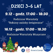 Granatowe tlo z białymi śnieżynki, napisy informujące o wydarzeniu, w dolnym rogu rysunek udekorowanej choink z prezentami, dwójka dzieci. Z boku logo Otwartych Dźwięków.