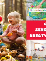 Zdjęcie przedstawia kolaż obrazów związanych z miejscem zabaw dla dzieci. Główne zdjęcie pokazuje trójkę małych dzieci bawiących się drewnianymi grzybkami w lesie. Na zdjęciach widoczne są także strefy zabaw sensorycznych z różnymi teksturami i kolorami. Ogólna tematyka obrazu to zabawa i kreatywność. Kolory są jasne i zachęcające, a obrazy są radosne i pełne zabawy.