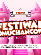 Na różowym tle w bajkowych odcieniach znajduje się ogromna zjeżdżalnia dmuchana. Reprezentuje zamek z wieżami. W środku dużymi literami znajduje się nazwa wydarzenia.