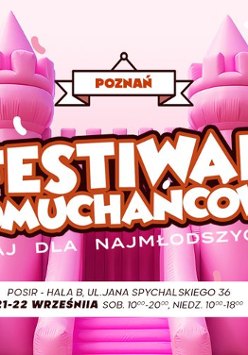 Na różowym tle w bajkowych odcieniach znajduje się ogromna zjeżdżalnia dmuchana. Reprezentuje zamek z wieżami. W środku dużymi literami znajduje się nazwa wydarzenia.