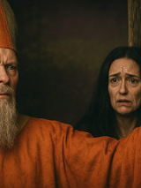 Mężczyzna w ubraniu księdza podnosi prawą rękę, kobieta za nim patrzy zmartwiona, grafika ewidentnie wykreowana przez AI.