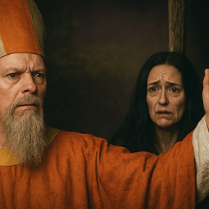 Mężczyzna w ubraniu księdza podnosi prawą rękę, kobieta za nim patrzy zmartwiona, grafika ewidentnie wykreowana przez AI.