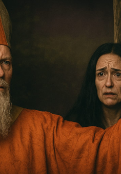 Mężczyzna w ubraniu księdza podnosi prawą rękę, kobieta za nim patrzy zmartwiona, grafika ewidentnie wykreowana przez AI.