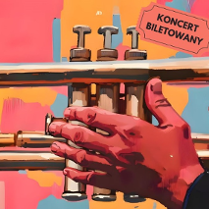 Rysunek ręki trzymającej trąbkę na kolorowym tle, informacje o koncercie.