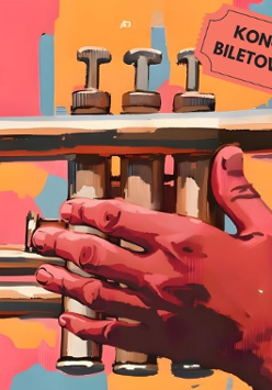 Rysunek ręki trzymającej trąbkę na kolorowym tle, informacje o koncercie.