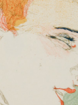 Obraz Henriego de Toulouse-Lautrec'a pt."Panna Marcelle Lender w popiersiu". Obraz przedstawia kobietę, jej twarz jest widoczna z profilu, na twarzy widać grymas. Praca jest utrzymana w jasnych, pastelowych barwach, uwagę przykuwają mocno rude włosy kobiety