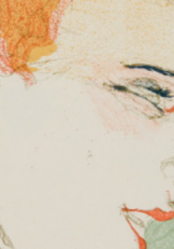 Obraz Henriego de Toulouse-Lautrec'a pt."Panna Marcelle Lender w popiersiu". Obraz przedstawia kobietę, jej twarz jest widoczna z profilu, na twarzy widać grymas. Praca jest utrzymana w jasnych, pastelowych barwach, uwagę przykuwają mocno rude włosy kobiety