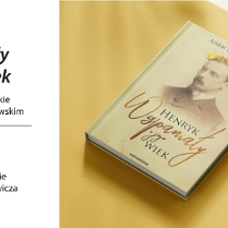 Na złotym bloku leży książka pt."Henryk wspanialy jego wiek". Na okładce podobizna Henryka Sienkiewicza w złotej koronie laurowej.