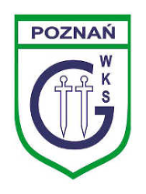 Herb Grunwaldu Poznań - w granatową literę G wpisane są dwa białe miecze, a obok jest napis WKS. Powyżej granatowy napis Poznań, całość jest na białym tle w zielonym obramowaniu