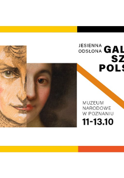 Kolorowa grafika, która przedstawia obrys biletu do muzeum. W nim wpisano połowę dwóch obrazów, które w sumie przedstawiają portret.